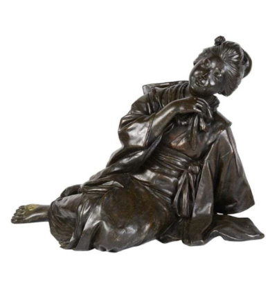 Large 19th Century Japanese Bronze Reclining Geisha Girl